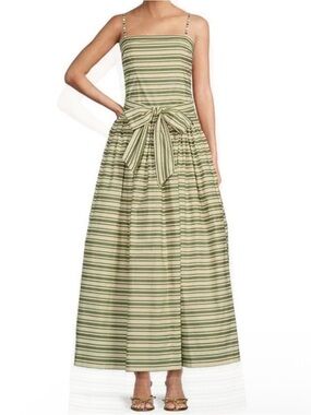 ANTONIO MELANI Olive Green Striped Spaghetti‑Strap Maxi Dress with Waist Tie